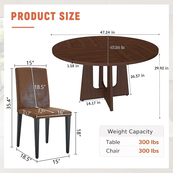47" Round Dining Table Set for 4, Walnut Wood Grain Table and 4 Brown Suede Upholstered Chairs Set, Mid Century Modern Kitchen Table Set with Cross Legs
