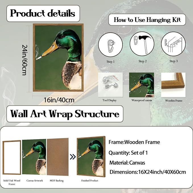 Funny Mallard Duck Wall Art Vintage Cottagecore Duck Wall Decor Painting, Whimsical Animal Poster Canvas Print Picture for Living Room Bedroom 16x24 inch Wood Framed