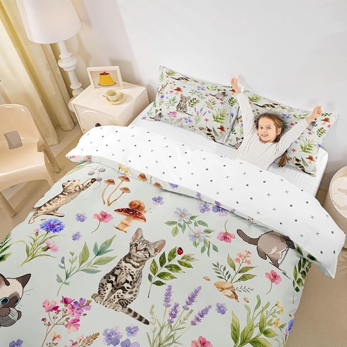 Erosebridal Cute Cat Duvet Cover Queen Kitten Cat Lovers Bedding Set Pale Green Boho Watercolor Floral Comforter Cover for Kids Girls Boys Adults Funny Pet Animal Bed Set