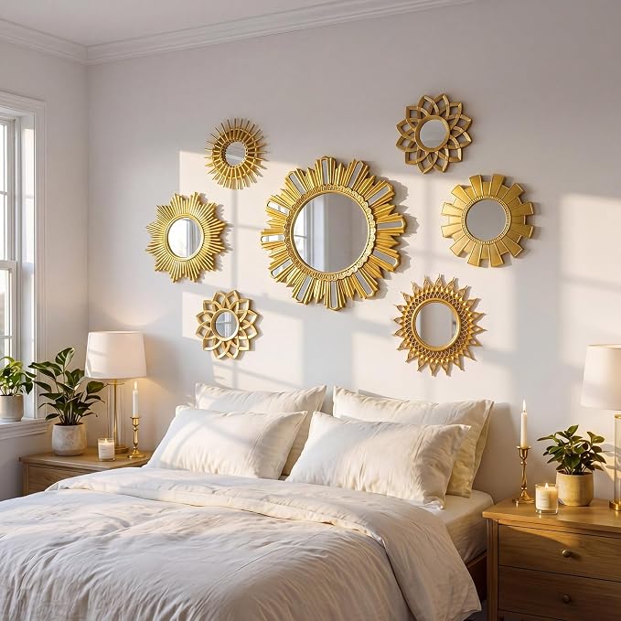 Gerrii 7 Pcs Gold Sunburst Mirror for Wall Decorative Gold Mirrors for Wall Decor Vintage Mirror Sets Hanging Round Decorative Mirrors Accessories for Art Entryway Living Room Home Decor Art Gifts