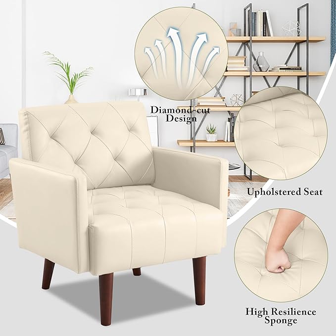 Modern Accent PU Chair, Living Room Chair Upholstered Single Sofa with 4 Sturdy Legs, Contemporary Reading Chair for Living Room, Reading Room, Bedroom (Cream)