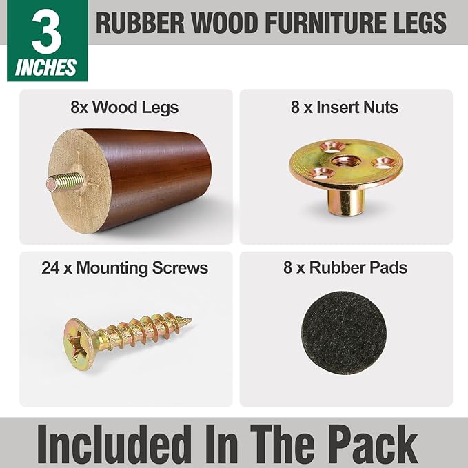 FoDau770 Brown Rubber Wood Furniture Legs 3 Inches, Straight Tapered Wood Feet Mid Century Sofa Legs Set of 8, 5/16" UNC Furniture Feet for Cabinet Couch Dresser Chair Ottoman Table