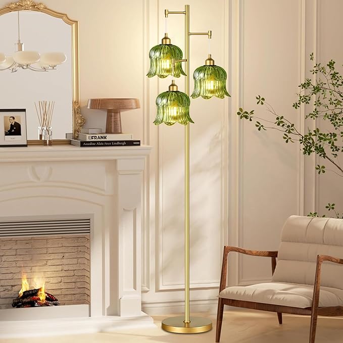 Glass Floor Lamp for Living Room,Bedroom,Mid Century Modern Standing Lamp Brass Tree 3 Light Tall Floor Lamps Vintage Retro Floor Lights Gold Green Flower Lamp Shade Farmhouse Boho Bohemian