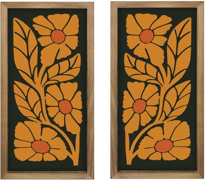 pechpell 2pcs Mid Century Modern Wall Decor, 15.7x7.9in Wooden Floral Mcm Abstract Wall Art, Orange Flower Prints Pictures Rustic Bedroom Bathroom Living Room Gallery Decorations For Home