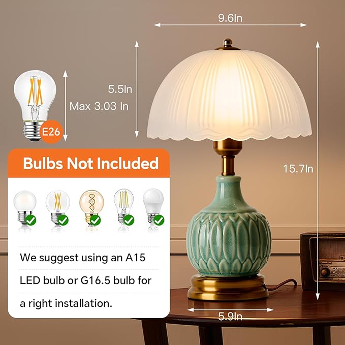 Ceramic Table lamp Set of 2, Modern Bedside Lamps Green Mid Century Vintage Desk Lamp Retro Glass Mushroom Traditional Lamp for Nightstand Living Room Bedroom Home Decor (S03GN-2PACK)