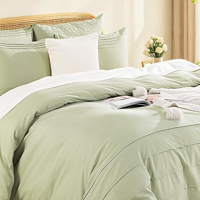 NEXHOME PRO 100% Washed Cotton Duvet Cover Twin,Linen Like Pleated Textured Sage Green Duvet Cover Set,2pc Organic Bedding Set with Zipper Closure,Soft,Lightweight Breathable(68"x90", No Comforter)