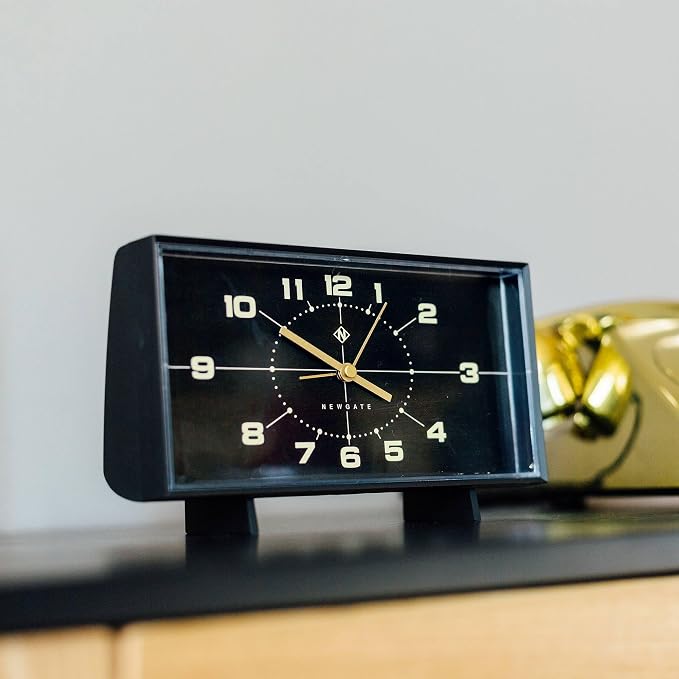 NEWGATE® Wideboy Alarm Clock | Rectangular Retro Design | Black | Mid-Century dial | Ideal for Bedside, Desk, Mantel or Shelf | Retro Bedroom & Office Accessory