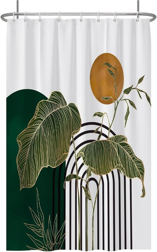 Baocicco Boho Shower Curtain Green Gold Leaves Plants Sun Modern Abstract Geometric Shower Curtains Decorative for Bathroom Waterproof Fabric Shower Curtain with Hooks 48x72 Inches