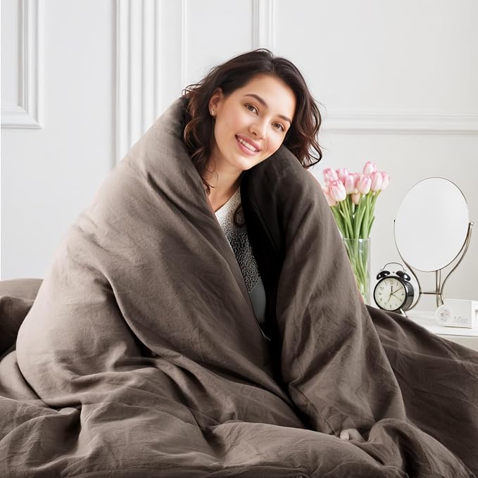 NEXHOME PRO 100% Washed Cotton Duvet Cover Twin Size, Ogranic Natural Linen Feel Breathable Bedding Set with Zipper Closure, 2 Pieces Duvet Cover Set Chocolate (No Comfortert) 6890