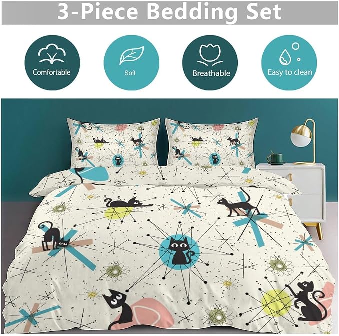 Mid Century Black Cat Comforter Set,Retro Abstract Atomic Star Pattern Cartoon Black Cat 1950s 1960s Vintage Pastel Bedding Set with Pillowcase for Bedroom Bed Decor,Queen 90"x90"