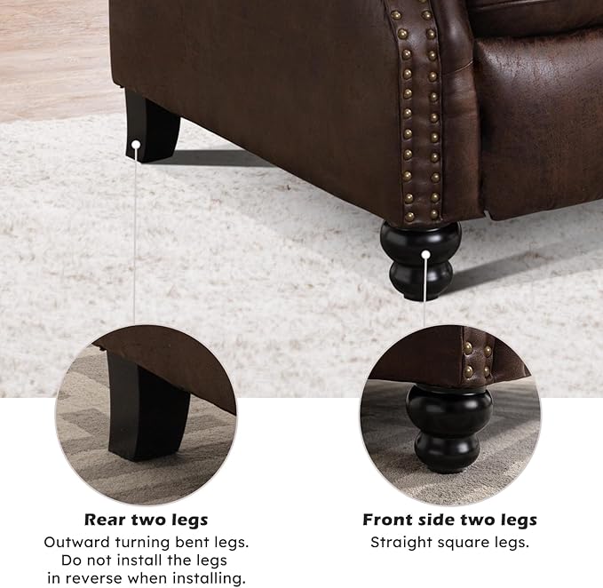Push Back Recliner Chair Faux Leather Lounge Armchair with Rivet Decoration Wingback Single Sofa Chair with Padded Seat Solid Wood Legs for Living Room, Comfy Upholstered, Red Brown
