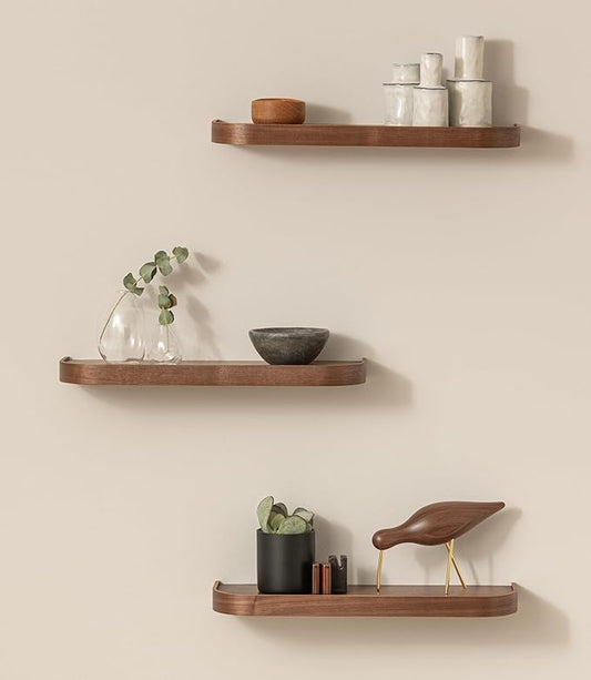 Kazai.® 18.5 inches Floating Shelves for Wall 'Toke' | Set of 3 Small Mounted Wooden Shelf Units | Modern Wall Decor & Storage for Living Room, Bathroom, Kitchen, Bedroom & More | Walnut