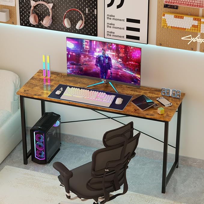 Sweetcrispy Computer Small Office Desk 47 Inch Student Study Writing Work with Metal Frame Wood Tabletop Modern Simple PC Home Bedroom Table, Rustic Brown