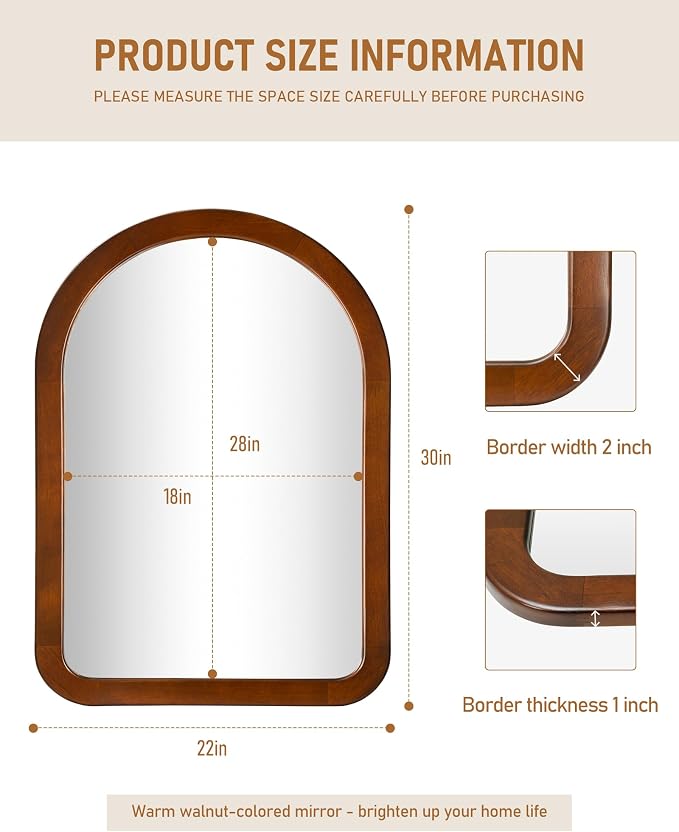 Arched Mirror 22 x 30 Inch,Walnut Brown Wood Rustic Bathroom Tempered Wall Mirror with Wood Frame,Round Corner Arch Farmhouse Wooden Vanity Mirror for Living Room,Entryway or Bedroom