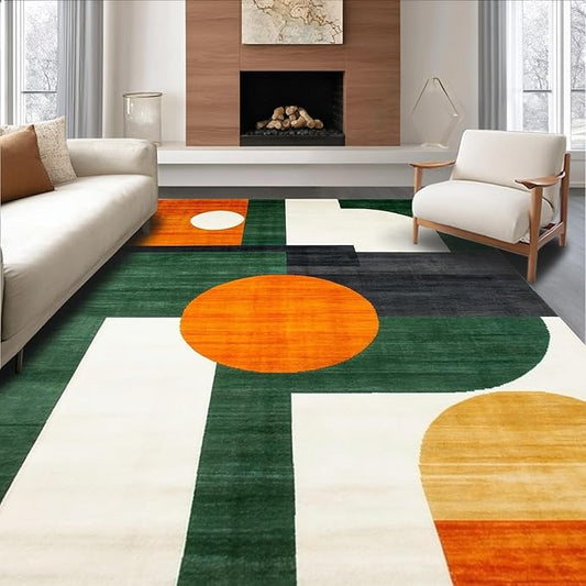 9'x12' Washable High Traffic Area Rug, Mid Modern Geometric Retro Style, Flatwoven Area Rugs for Living Room, Bedroom (Orange,9x12)