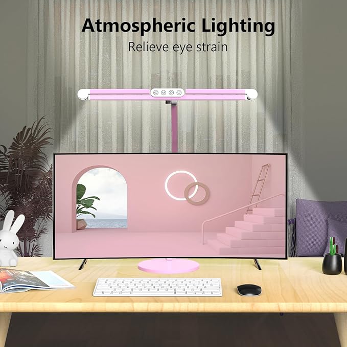 Micomlan Led Desk Lamp with Base, Adjustable Tall Architect Desk Light for Home Office with Flexible Swing Arm, 24W Pink Bright Table Lamp Auto Dimming Computer Light for Workbench