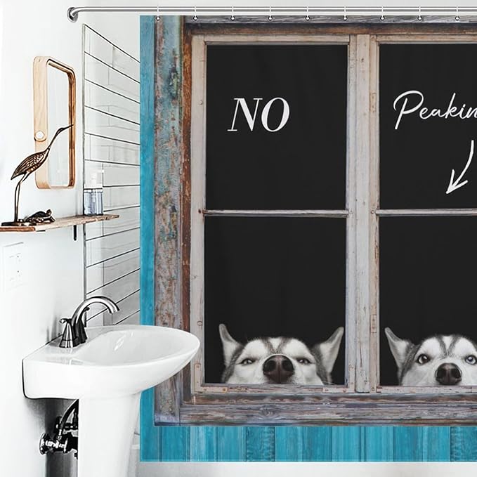 Funny Dog Shower Curtain Blue Rustic Farmhouse Wooden Country Lovely Animal Pet Pattern Duty Fabric Shower Curtains Set Bathroom Polyester Waterproof with 12 Hooks,72x72Inch（183x183cm）