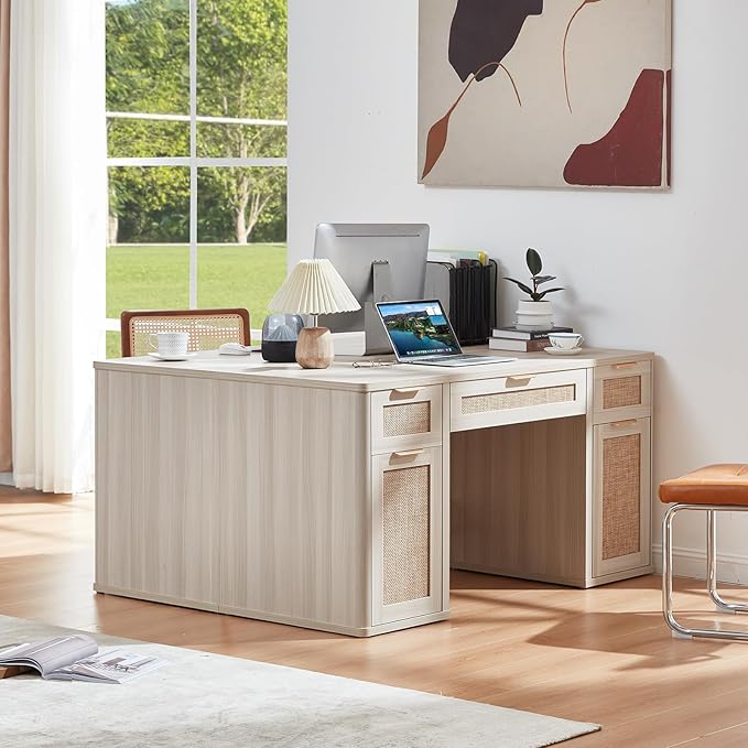 LEYAOYAO 56'' Rattan Farmhouse Executive Desk with Drawers, Wood Home Office Desk with File Cabinet and Metal Handles, Large Vintage Computer Desk for Home, Bedroom, Living Room （Grey）
