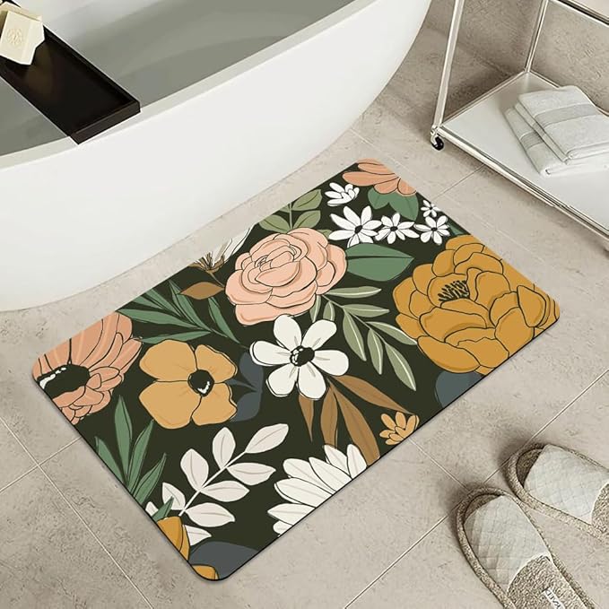 Bath Mat Rug,Vintage Large Floral Non Slip Quick Dry Super Absorbent Thin Bathroom Rugs Fit Under Door-Easy to Clean Bathroom Floor Mats-Shower Rug for Shower Sink Bathtub(17" x 27.5"in)
