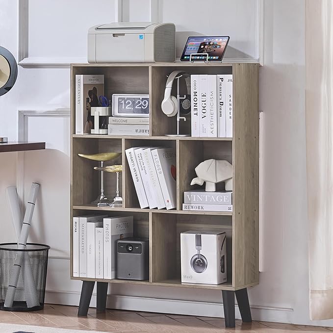 LEYAOYAO Cube Bookshelf 3 Tier Mid-Century Retro Grey Modern Bookcase with Legs,Retro Wood Bookshelves Storage Organizer Shelf,Freestanding Open Book Shelves for Bedroom,Living Room,Office