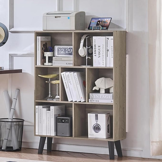 LEYAOYAO Cube Bookshelf 3 Tier Mid-Century Retro Grey Modern Bookcase with Legs,Retro Wood Bookshelves Storage Organizer Shelf,Freestanding Open Book Shelves for Bedroom,Living Room,Office