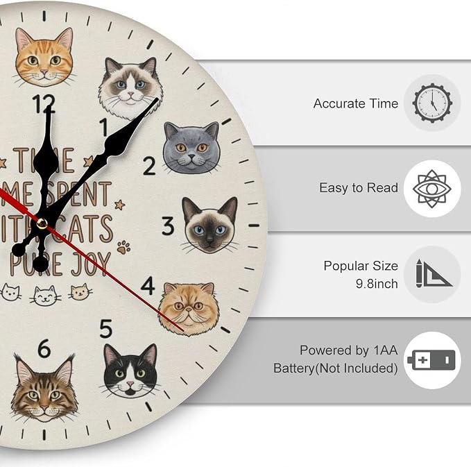 Adorable Cat Lover Frameless Wooden Wall Clock Silent Non-Ticking | Battery Operated Home Decor for Living Room Kids Room Office, 10 & 12 Inch Round