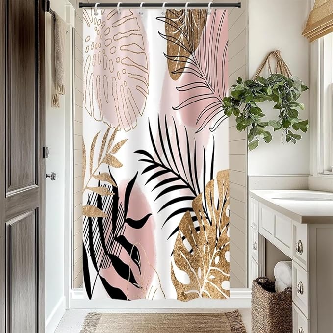 Modern Boho Shower Curtain Pink Gold Palm Leaves Abstract Aesthetic Bathroom Decor Gorgeous Watercolor Botanical Theme Bohemian Bath Curtains Washable Waterproof Polyester Fabric with Hooks 36x72 Inch