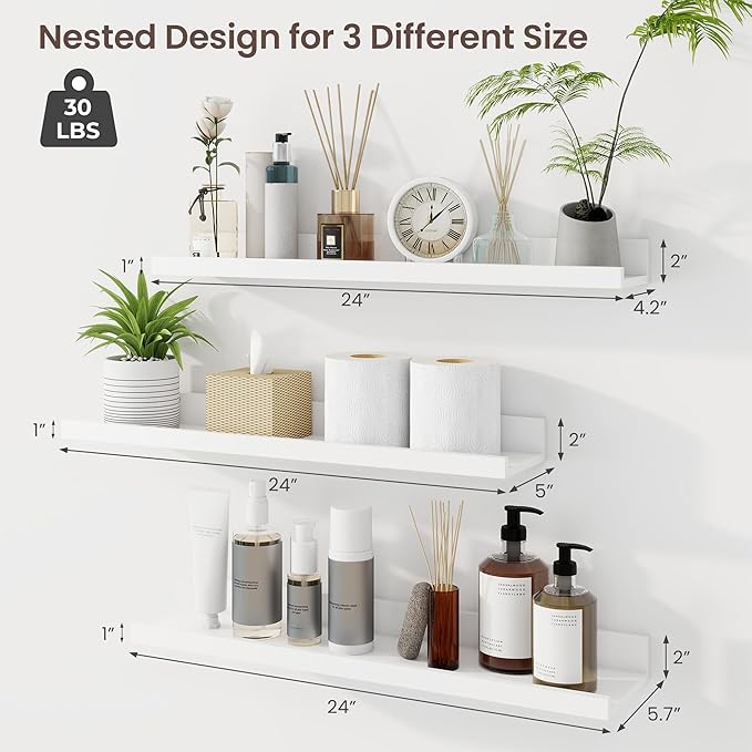 Axeman Picture Ledge Shelf | 24 Inch White Floating Shelves Set of 3 | Rustic Wood Wall Shelves with Lip | 24" White Picture Shelf for Wall with Ledge | Photo Shelves