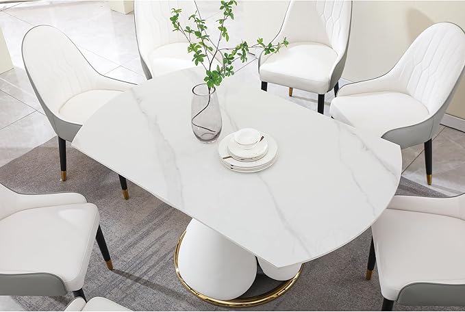 59'' Round Marble Dining Table Set for 6-8, Multi-Functional Retractable Kitchen Table, Dining Room Table Set Petal Pu Leather & Metal Base (1 Table and 6 Blue Chairs)