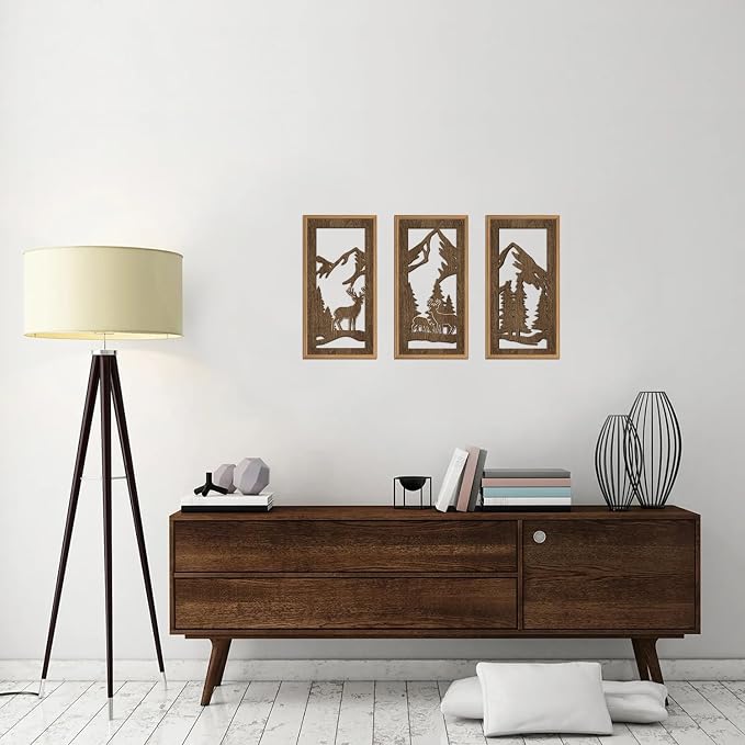 HPNIUB 3PCS Jungle Animals Wall Decor,Rustic Mountain Forest Wooden Sign for Living Room,Vintage Abstract Deer Pine Trees Hanging Wood Plaque Wall Art Nature Wall Sculpture for Home Office(8x16Inch)