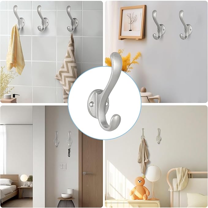 10 Pack Coat Hooks Wall Mount Heavy Duty Utility Retro Double Hooks for Hanging Coats,Hat, Towel, Key, Robe, Scarf, Bag, Cap (Silver)
