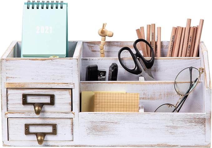 Distressed Rustic Wooden Office Desktop Organizer Shelf Tabletop Home Organizer Storage with Multiple Compartments 2 Tier Drawers perfect Jewelry storage Display Box for Desk Vanity (Washed white)