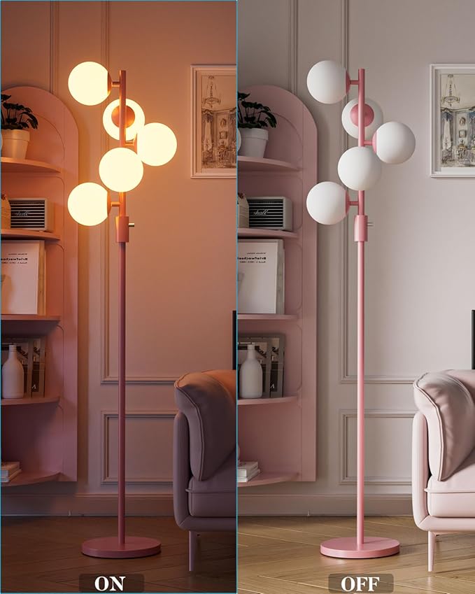 Lightdot Dimmable (Brightness Adjustable) Globe Floor Lamp, Retro Pink Pole Standing Lamps with 5PCS Bulbs Included, Mid Century Modern Floor Lamp for Living Room/Bedroom/Sofa Beside/Corner Decor