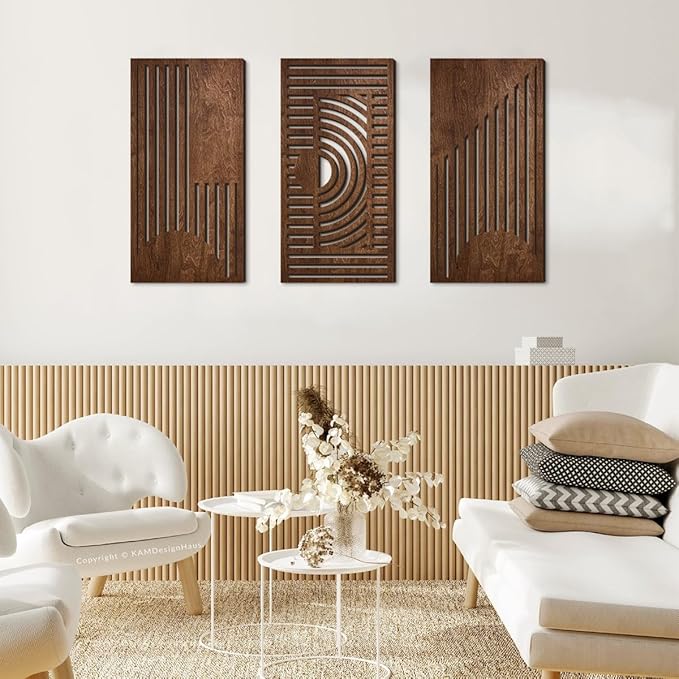 3 Pcs Geometric Wood Wall Art Decor, Wooden Minimalist Wall Hanging Decor, 3D Hollow Carved Craft Art Set, Boho Abstract Wall Sculptures Panels Decoration for Home Living Room Bedroom Kitchen (B)