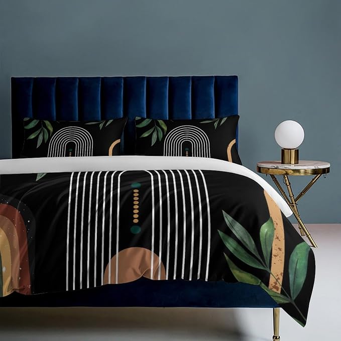 Mid Century Moon Phase Duvet Cover Sets Boho Modern Palm Leaves Arch Minimalist Printed Lightweight Soft Quilt Cover Soft Microfiber 3 Piece (1 Duvet Cover 90x102in + 2 Pillow Sham 20x30in)
