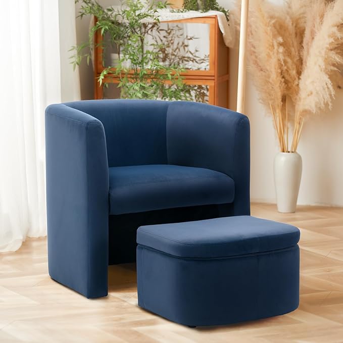 COLAMY Morden Velvet Living Room Side Chair with Storage Ottoman, Single Sofa Armchair with Lounge Seat, Upholstered Barrel Accent Chair for Bedroom/Office/Reading Spaces, Blue