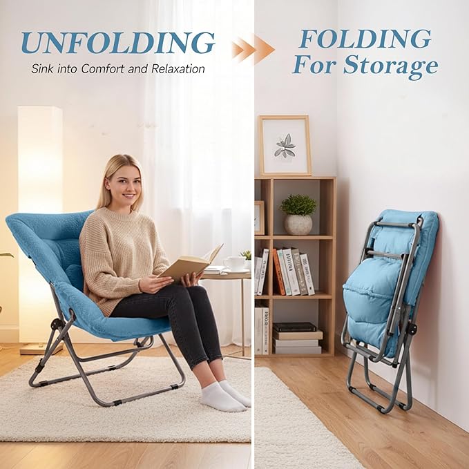 Furlide Saucer Chair, Comfy Bedroom Chairs, Oversized Folding Faux Fur Chair, Foldable Metal Frame Chair for Bedroom, Living Room, Balcony, Patio (Blue)