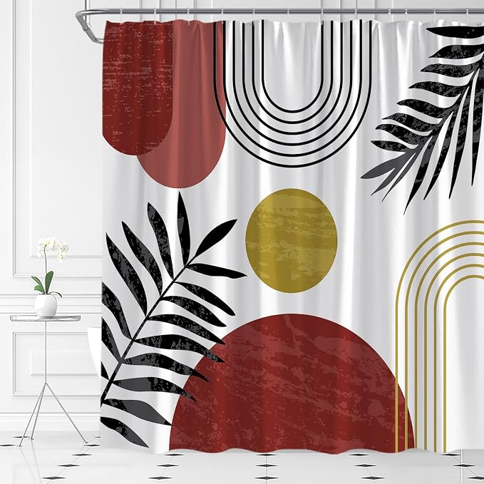 Mid Century Modern Shower Curtain Boho Red Abstract Retro Aesthetic Fabric for Bathroom Decor Bathtub with Hooks (70" WX84 H)