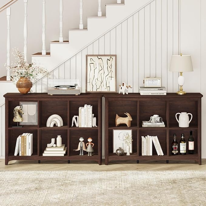 BON AUGURE 6 Cube Storage Bookcase, 43" Wide Horizontal Wooden Bookshelf, Floor Standing Low Book Shelf with Curved Edge for Living Room, Office - Brown Cherry