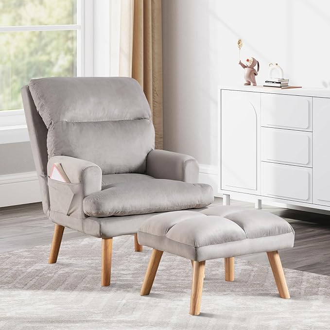 Accent Chair with Ottoman, Velvet Fabric Chair Armchair with Adjustable Backrest and Side Pockets, Mid Century Arm Chair with Ottoman for Living Room, Bedroom, Teen Room, Light Grey
