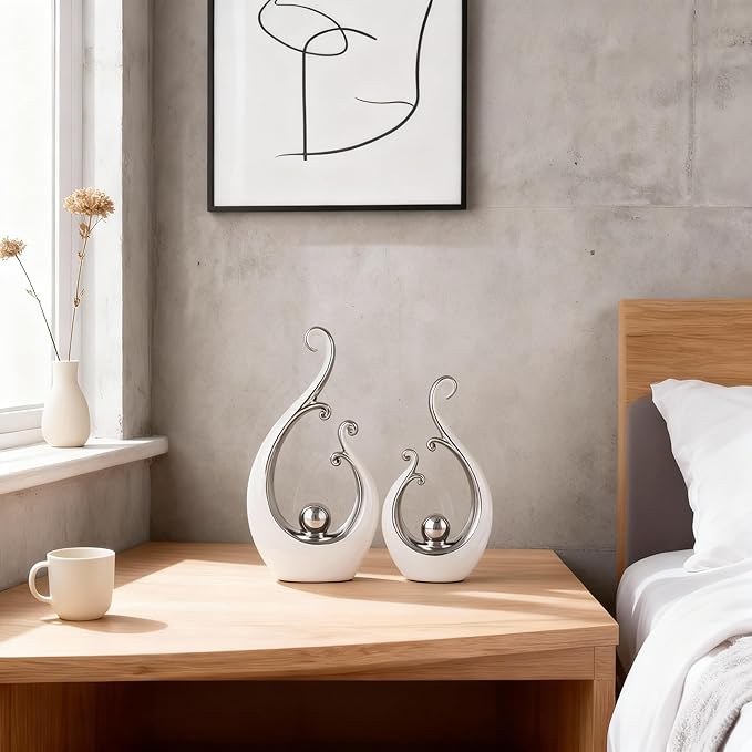 DOVDOV White and Silver Home Decor, Abstract Ceramic 2-Piece Sculpture Set, Modern mid-Century Art Statues, Perfect for Accent Tables, countertops, Coffee Tables, and entryway Decor.