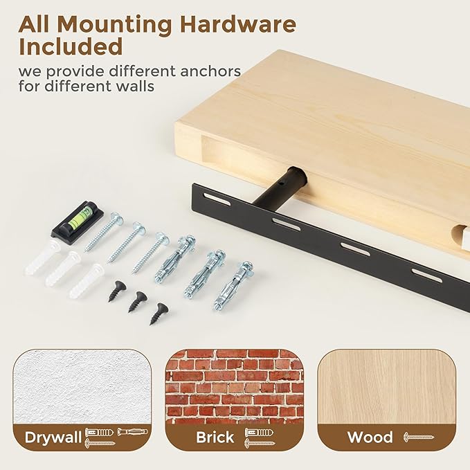 Marsmiles 48 Inch Floating Shelf | Unfinished Natural Wood Floating Shelves for Wall | 48" W x 7.7" D x 1.6" H Natural Wooden Shelves for Living Room Bathroom Kitchen