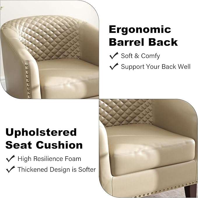 Accent Barrel Chair, Upholstered Faux Leather Club Chair with Nailed Trim, Comfy Reading Armchair for Living Room Bedroom Reception Room Office (Beige, Set of 1)