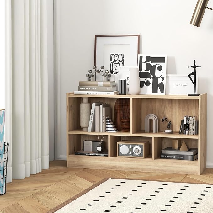 DORTALA 2-Tier Bookcase, 5 Cube Wood Storage Cube Bookshelf, Floor Standing Display Storage Shelf with Non-Slip Foot Pads, Storage Organizer Bookcase for Home Office, Living Room (Natural)
