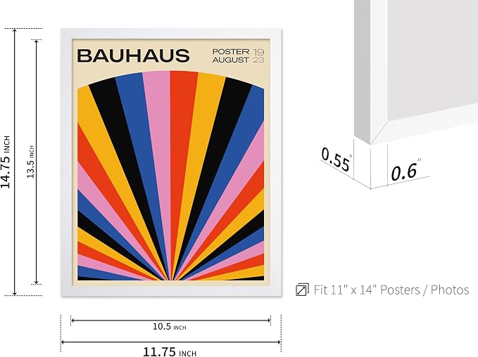 Poster Master Bauhaus Poster - Rainbow Sun Rays Print - Geometric - Abstract Art- Graphic Design - Chic Boho - Mid Century Modern Art - 11x14 White Framed