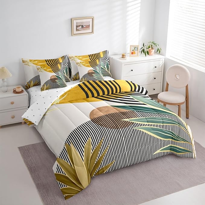 Erosebridal Mid Century Comforter Set King Size Contemporary Bohemian 7 Pcs Bedding Sets,Modern Abstract Stripes Bed in a Bag Geometric Retro Minimalism Quilt with Flat Fitted Sheet,Yellow