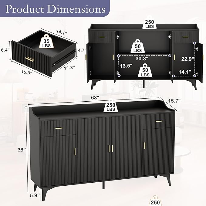 Black Buffet Cabinet with Storage: 63" Fluted Sideboard Cabinet with 2 Drawers, Wood Accent Cabinet with 4 Doors, Wood Credenzas for Living Room, Kitchen (63")