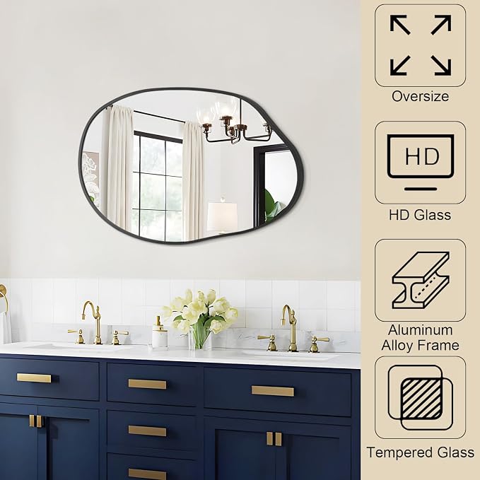 Black Irregular Wall Mirror Asymmetrical Bathroom Mirror Metal Framed Mirrors Decorative Bedroom Living Room Vanity Entryway 26''x18''