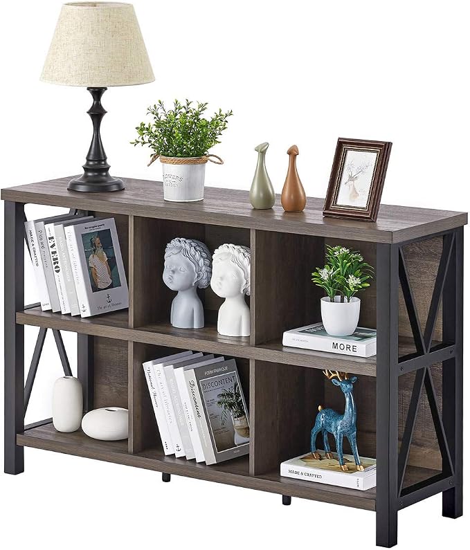 FATORRI Rustic 6 Cube Storage Organizer with Shelf, Wood and Metal Cubby Bookcase, Industrial Horizontal Bookshelf for Living Room, Home Office (Walnut Brown, 47 Inch)