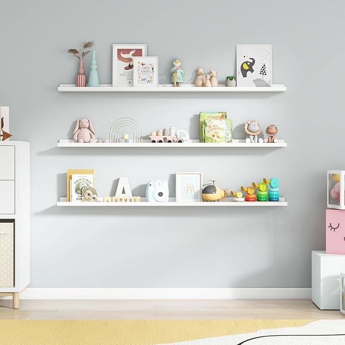 Axeman Picture Ledge Shelf | 55 Inch White Floating Shelves Set of 3 | Rustic Wood Wall Shelves with Lip | 55" White Picture Shelf for Wall with Ledge | Photo Shelves